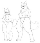  2girls animal_ears anthro big_thighs blush braid braids breasts canine cute digitigrade dog dog_ears dog_tail female furry large_breasts long_hair mammal monochrome multi_nipples multiple_girls nezumi nezunezu nipples nude original paws smile standing tail 