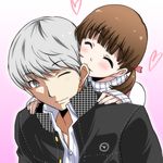  1girl biting brown_hair closed_eyes cousins doujima_nanako ear_biting grey_eyes grey_hair heart marugoshi_teppei narukami_yuu persona persona_4 twintails 