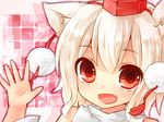  :d animal_ears bad_id bad_pixiv_id close-up detached_sleeves face fang hat highres inubashiri_momiji looking_at_viewer open_hand open_mouth pom_pom_(clothes) red_eyes sawatari_(sado) smile solo tokin_hat touhou waving white_hair 