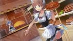  2girls atelier_rorona blue_eyes brown_hair dress food game_cg hom kishida_mel long_hair photoshop rororina_fryxell tagme thighhighs twintails waitress 