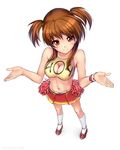  404 atomix bare_shoulders breasts brown_hair cleavage cleavage_cutout deviantart_sample foreshortening from_above hands http_status_code image_sample kneehighs long_hair looking_at_viewer medium_breasts midriff navel original personification red_eyes short_hair short_twintails shrug simple_background skirt solo standing twintails white_background 