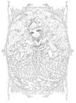  bow brooch dress eyelashes flower frame frills gathers greyscale hair_bow hands_on_own_chest jewelry long_hair monochrome pixiv_alice_in_under_world ribbon rinko_(mg54) rose smile solo too_many too_many_frills traditional_media 