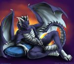  anthro blue_dragon blue_markings claws curiodraco dragon erection furnace furnacedragon furred_dragon horn humanoid_penis knot lying male markings masturbation nude penis precum scales scalie solo spread_legs spreading wings 