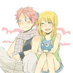  1girl :d blush cat closed_eyes couple erinan fairy_tail happy_(fairy_tail) hetero looking_away lucy_heartfilia natsu_dragneel open_mouth scarf sitting smile 