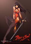  black_background black_eyes black_hair black_legwear blade_&amp;_soul boots breasts china_dress chinese_clothes cleavage cleavage_cutout copyright_name dress highres jpeg_artifacts kim_hyung_tae large_breasts legs long_hair long_legs solo sword thigh_boots thighhighs thighs watermark weapon 