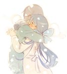  1girl bad_id bad_pixiv_id blue_hair blush brown_hair couple hetero hug idolmaster idolmaster_(classic) jacket kisaragi_chihaya komi_zumiko long_hair producer_(idolmaster) profile scarf short_hair snowing 