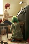  brown_hair capri_pants chabane from_behind green_hair hatsune_miku headphones headphones_removed instrument lamp long_hair meiko multiple_girls music pants piano piano_bench playing_instrument playing_piano short_hair sitting skirt twintails vocaloid 