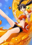  :d arancia bike_shorts black_eyes black_hair food fruit holding holding_food holding_fruit juice kriss_sison long_hair midriff miniskirt navel open_mouth orange orange_(color) orange_skirt original shorts shorts_under_skirt skirt smile solo twintails 