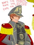  1boy 4chan brown_eyes brown_hair commissar drawfag english grin male military_uniform rance rance_(series) sengoku_rance warhammer_40k 