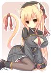  absurdres animal_ears between_legs black_legwear blonde_hair blush breasts brown_eyes cat_ears cat_tail cleavage collar derivative_work hand_between_legs hat highres ichiroku large_breasts leash long_hair necktie original ribbon skirt solo syroh tail tail_ribbon thighhighs 