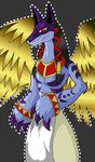  anubian_jackal anubismon black_hair blue blue_fur bracelet canine claws clothing deity digimon fur golden grey_background hair jackal jewelry kaylathedragoness long_black_hair long_hair male mammal markings multi-colored_body pants plain_background purple red_eyes solo topless wings 