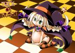  1girl artist_request bad_id bikini blonde_hair child green_eyes halloween holding_belly mantle midriff navel pregnant sitting spread_legs striped striped_legwear striped_thighhighs stripped_thighhighs witch 