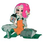  1girl act_(a_moso) baseball_cap boots cup drink drinking drinking_straw full_body green_footwear hat holding holding_cup lifebuoy long_hair octarian octoling overalls paint pink_hair salmon_run shirt simple_background sitting sleeves_past_elbows solo splatoon splatoon_(series) splatoon_2 suction_cups sweat tentacle_hair white_background white_eyes white_shirt 