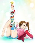  arm_warmers barefoot between_toes brown_eyes brown_hair christmas christmas_ornaments christmas_tree_costume coat feet foot_hold full_body fur_trim futami_mami garland_(decoration) grin hair_bobbles hair_ornament heart highres idolmaster idolmaster_(classic) kaiga leg_ribbon legs long_legs lying multicolored multicolored_clothes multicolored_legwear on_back outstretched_leg plantar_flexion ribbon short_shorts shorts side_ponytail single_thighhigh smile soles solo star thighhighs v 