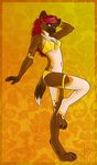  african_wild_dog bikini canine dog female green_eyes hybrid hyena looking_at_viewer piercing red_hair skimpy solo tatious 