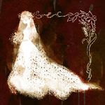  bouquet breasts bride brown brown_background closed_eyes dress flower from_side full_body head_wreath holding holding_bouquet monochrome original profile small_breasts standing train_(clothing) veil wedding_dress white yoshida_yoshitsugi 