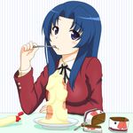 blue_hair can eating food kawashima_ami long_hair lowres mayonnaise meat purple_eyes rainforce school_uniform solo toradora! 