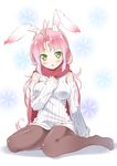  animal_ears blush breasts bunny_ears detached_sleeves dress enpera full_body green_eyes highres ichi_makoto medium_breasts no_shoes original pantyhose pink_hair red_scarf ribbed_sweater scarf sitting solo sweater sweater_dress wariza 