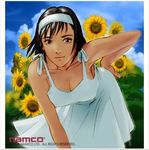  bare_shoulders bent_over breasts cleavage collarbone company_name dress field flower flower_field hairband hand_on_hip kawano_takuji kazama_jun large_breasts lips lowres mature namco official_art short_hair solo sunflower tekken tekken_tag_tournament white_dress 