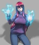  bad_id bad_pixiv_id biriri-ane_(space_jin) breasts denim electricity huge_breasts jeans long_hair original pants red_hair ribbed_sweater serious solo space_jin sweater turtleneck very_long_hair yellow_eyes 