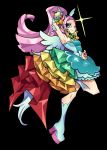  1girl armpits arms_behind_head black_background blue_dress boots closed_mouth cure_parfait dress elbow_gloves food_themed_hair_ornament full_body gloves green_eyes hair_ornament kirahoshi_ciel kirakira_precure_a_la_mode knee_boots long_hair looking_at_viewer magical_girl ninomae one_eye_closed pink_hair ponytail precure rainbow_order simple_background smile solo standing standing_on_one_leg tail white_footwear white_gloves white_wings wings 