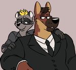  black_eyes black_nose blonde_hair brown_hair canine dog duo eyewear german_shepherd glasses hair hammer_(character) male mammal neil raccoon ring size_difference suit vasuki 