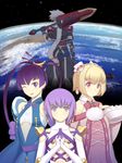  3girls aoto_(ar_tonelico) ar_tonelico ar_tonelico_iii blue_hair brown_hair drill finnel long_hair multiple_girls purple_hair ribbon saki_(ar_tonelico) sword tilia weapon white_hair 