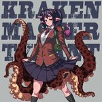  backpack bad_id bad_pixiv_id bag blazer demiano frown highres horns jacket monster_girl octopus original pointy_ears red_eyes school_uniform scylla skirt skirt_lift solo spikes tentacles twintails 