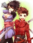  1girl black_hair breasts brown_eyes brown_hair coat fujibayashi_shiina gloves happy kontore large_breasts lloyd_irving ninja ofuda red_shirt shirt short_hair sword tales_of_(series) tales_of_symphonia weapon 