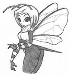  arthropod bee butt female fur hair insect insectoid looking_at_viewer pose sketch skrtch solo stinger tuft wings x-cross 