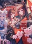  1girl 3girls animal_ears azur_lane bangs blue_eyes blue_kimono blunt_bangs brown_hair eyebrows eyebrows_visible_through_hair fox_ears fox_mask fox_tail highres japanese_clothes kimono long_hair looking_at_viewer maccha_(mochancc) mask multiple_girls new_year oriental_umbrella red_eyes red_kimono short_hair silver_hair tail umbrella wide_sleeves 