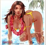  all_fours armlet ass bikini brazilian breasts brown_eyes brown_hair christie_monteiro cleavage dark_skin kawano_takuji large_breasts lei lips long_hair lowres namco official_art solo swimsuit tekken tekken_5 thong_bikini very_dark_skin water yellow_bikini 