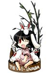  animal animal_ears animal_on_head bamboo barefoot black_hair bunny bunny_ears bunny_on_head carrot carrot_necklace chibi dress full_body highres inaba_tewi jewelry necklace ninja_toes on_head one_eye_closed open_mouth pendant pink_dress red_eyes short_hair sitting socha solo touhou transparent_background 