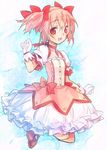  bow bubble_skirt choker dress gloves hair_ribbon jumping kaname_madoka magical_girl mahou_shoujo_madoka_magica pink_eyes pink_hair ribbon ribbon_choker skirt smile solo twintails wanko_(takohati8) 