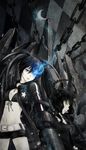  absurdres bad_id bad_pixiv_id belt bikini_top black_hair black_rock_shooter black_rock_shooter_(character) blue_eyes blue_fire burning_eye chain checkered crescent_moon dead_master fire glowing glowing_eye green_eyes gun highres jacket kangetsu_(fhalei) long_hair midriff moon multiple_girls scar shorts very_long_hair weapon 