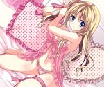  adjusting_hair babydoll bare_shoulders barefoot bed blonde_hair blue_eyes bow bow_panties breasts copyright_request frilled_pillow frills hair_ribbon heart heart_pillow jpeg_artifacts lace lace-trimmed_panties large_breasts legs lingerie long_hair navel panties pillow pink_panties polka_dot ribbon see-through side-tie_panties sitting solo string_panties thigh_strap thighs underwear wariza yukiwo 