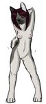  breasts canine corgii dog eyes_closed female husky mammal nipples nude plain_background pussy raised_arm small_breasts solo standing white_background 