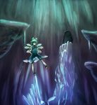  bad_id bad_pixiv_id balancing blue_eyes blue_hair bow cave cirno dress hair_bow hands_on_hips ice ice_wings muted_color pietani397 short_hair smile solo stalactite stalagmite standing standing_on_one_leg touhou wings 