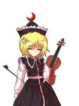  alphes_(style) anger_vein bad_id bad_pixiv_id blonde_hair bow_(instrument) closed_eyes commentary_request crescent derivative_work hat instrument kaoru_(gensou_yuugen-an) lunasa_prismriver parody short_hair solo style_parody touhou violin 