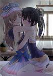  atelier_(series) atelier_meruru atelier_totori bad_id bad_pixiv_id banned_artist bare_shoulders barrel bed black_hair blush brown_hair dress hair_ornament hat hug mimi_houllier_von_schwarzlang mirai_(macharge) multiple_girls no_detached_sleeves purple_eyes straddling totooria_helmold yuri 