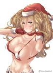  alternate_costume blonde_hair blue_eyes blush bra breasts cleavage closed_mouth erect_nipples eyebrows_visible_through_hair gambier_bay_(kantai_collection) gloves hair_between_eyes hat juurouta kantai_collection large_breasts long_hair looking_at_viewer parted_lips red_gloves santa_bikini santa_hat smile solo twintails underwear 