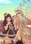  bag blue_eyes blue_hair bonnet bracelet carnival carousel character_request covering_mouth dress drill_hair ferris_wheel food food_on_face food_themed_clothes frills hand_on_own_face hat ice_cream ice_cream_cone jewelry lolita_fashion long_hair looking_at_viewer mini_hat mini_top_hat multiple_girls nayoung_wooh original petticoat puffy_sleeves red_eyes short_sleeves sky thighhighs top_hat wide_sleeves zettai_ryouiki 