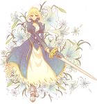  ahoge artoria_pendragon_(all) blonde_hair dress excalibur fate/stay_night fate/zero fate_(series) flower green_eyes hair_ribbon ribbon saber shivue solo sword weapon 