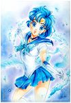  aqua aqua_background aqua_hair artist_name back_bow bishoujo_senshi_sailor_moon blue_choker blue_eyes blue_hair blue_sailor_collar blue_skirt bow choker colored_pencil_(medium) elbow_gloves gloves heart highres hydrokinesis mizuno_ami nashi_juni parted_lips pleated_skirt sailor_collar sailor_mercury sailor_senshi_uniform short_hair signature skirt solo star star_choker super_sailor_mercury tiara traditional_media water watercolor_(medium) white_gloves 