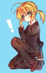  ahoge artoria_pendragon_(all) bad_id bad_pixiv_id black_gloves blonde_hair blue_eyes fate/zero fate_(series) formal gloves long_hair necktie pant_suit ponytail saber shiroto_iku solo suit 