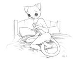  amulet bed black_and_white breasts feline female katia_managan khajiit looking_at_viewer mammal monochrome necklace nude prequel slate solo the_elder_scrolls video_games 