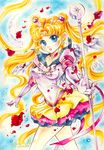  2011 angel_wings bishoujo_senshi_sailor_moon blonde_hair blue_eyes blue_sailor_collar bow choker colored_pencil_(medium) cowboy_shot crescent_moon dated double_bun earrings elbow_gloves eternal_sailor_moon gloves hair_ornament heart highres holding holding_staff jewelry layered_skirt long_hair magical_girl moon nashi_juni petals pleated_skirt red_choker rose_petals sailor_collar sailor_moon sailor_senshi_uniform signature skirt solo staff tiara traditional_media tsukino_usagi twintails very_long_hair watercolor_(medium) white_gloves wings 