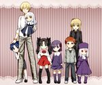  5girls ahoge artoria_pendragon_(all) bandaid blue_eyes blue_hair boots brother_and_sister caren_hortensia carrying casual child dress emiya_shirou fate/hollow_ataraxia fate/stay_night fate/zero fate_(series) formal gilgamesh green_eyes hair_ribbon hand_on_head hat holding_hands hood hoodie illyasviel_von_einzbern jewelry long_hair mary_janes matou_sakura matou_shinji mayo-black multiple_boys multiple_girls necktie one_eye_closed orange_hair pant_suit ponytail purple_eyes purple_footwear purple_hair purple_hat red_eyes ribbon saber shoes short_hair shorts siblings sisters smile socks suit thighhighs toosaka_rin twintails wavy_hair white_hair winter_clothes yellow_eyes younger 