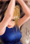  armpits arms_up bare_shoulders blonde_hair blue_eyes bodysuit eyelashes hiropon_(hiropong) lips lipstick makeup one_eye_covered ponytail sarah_bryant solo virtua_fighter 