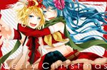  aqua_eyes aqua_hair bad_id bad_pixiv_id blonde_hair christmas detached_sleeves flower hair_flower hair_ornament hair_ribbon hairclip hatsune_miku kagamine_rin long_hair miyake_achi multiple_girls open_mouth ribbon short_hair smile twintails vocaloid 